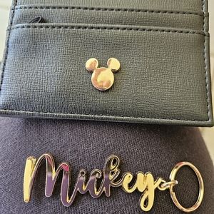 Mickey Mouse small leatherette wallet and Goldtone script keyring,NWOT